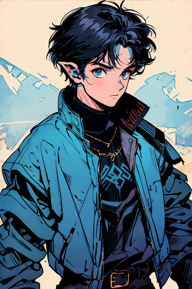 a male rogue, goblin race of light blue color with golden eyes, Bblack hair, wearing leather armor over black colored clothing, drawing made in gouache style, Style D&D 5th homebrewery page, na era medieval