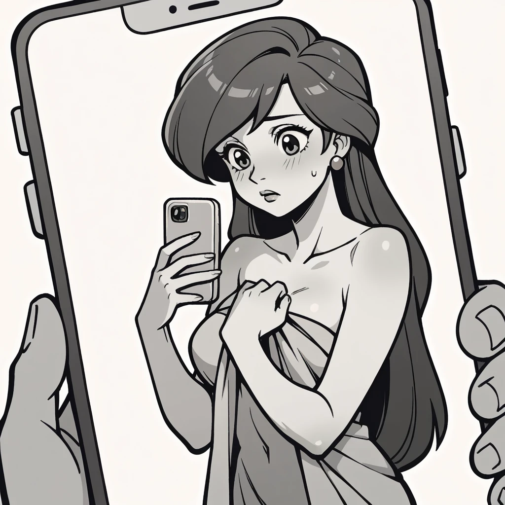 (score_9, score_8_up), ariel, wrapped in towel, medium breasts, holding phone