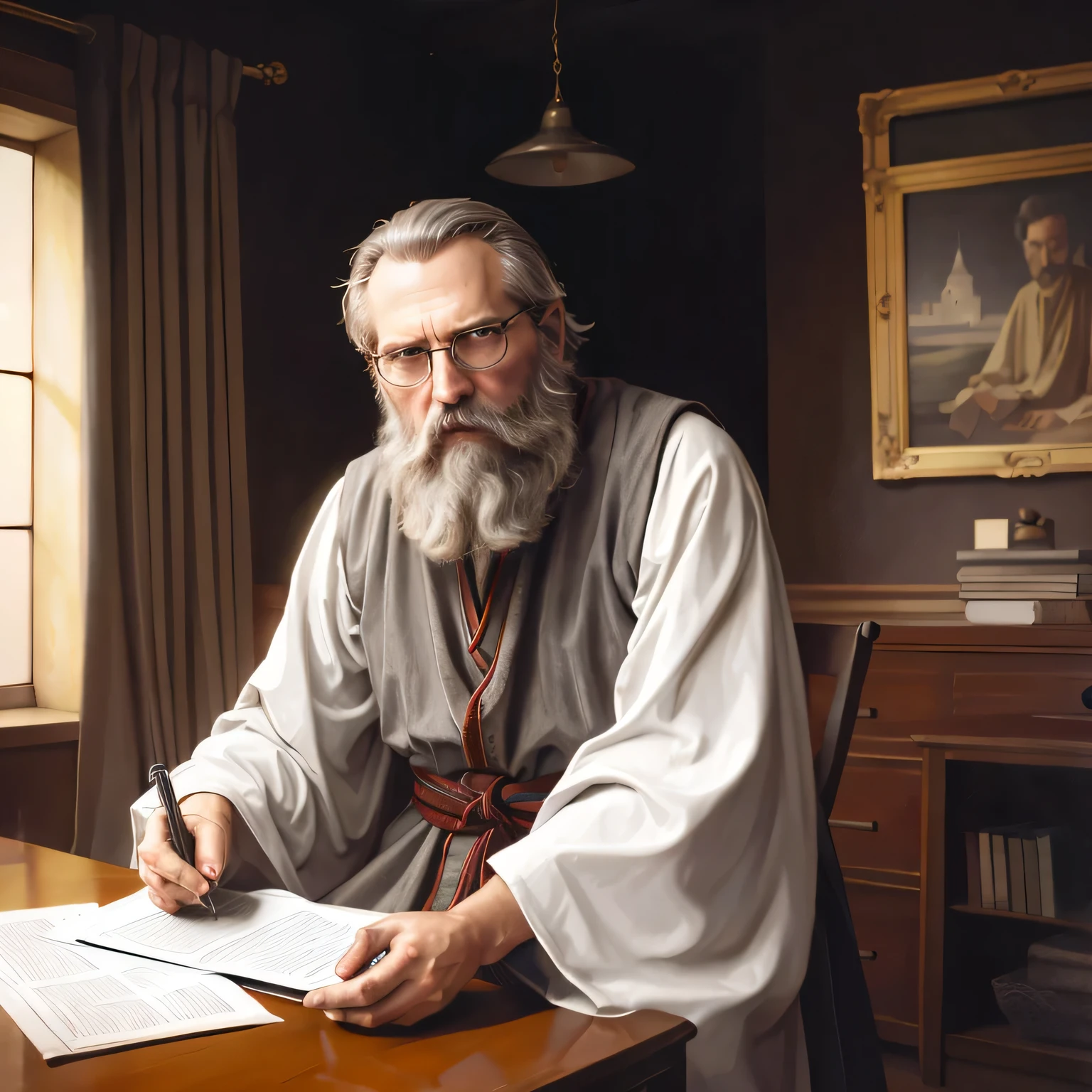 ,bgrtpainting, old magician sitting at the desk in old castle tower,ultra long white beard,gray-haired, writing, magician clothes, long robe