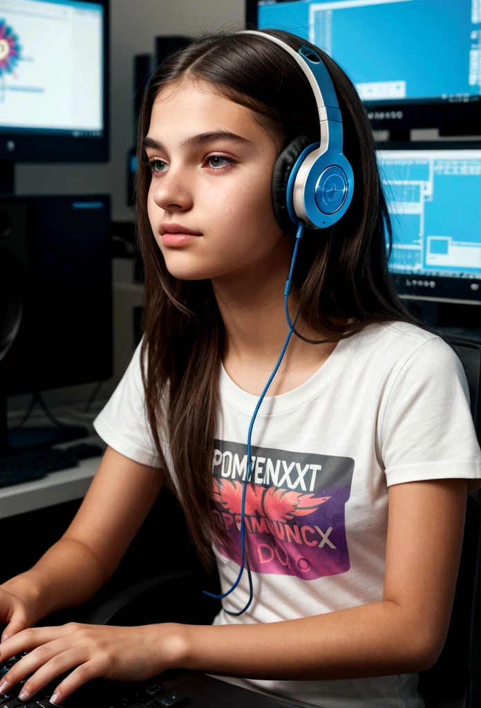 ager with headphones, Lovely, sitting in front of the computer, cyberpunk style, that your t-shirt says computer phoenix