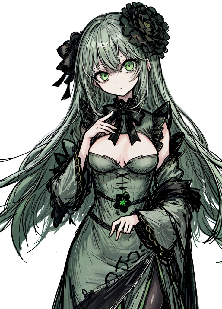 1girl, green eyes, gray hair, green clover, green maiden, black flower on her head, beautiful clothes, (high resolution, high detail, best quality), black background, medium breasts, noble, shy,