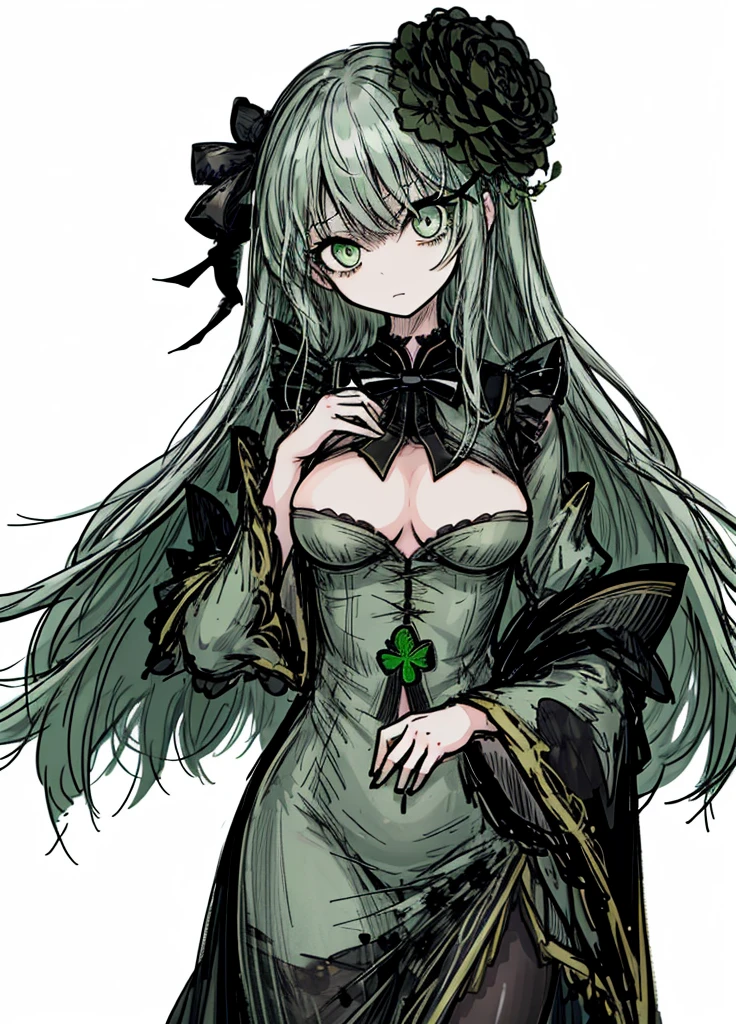 1girl, green eyes, gray hair, green clover, green maiden, black flower on her head, beautiful clothes, (high resolution, high detail, best quality), black background, medium breasts, noble, shy,