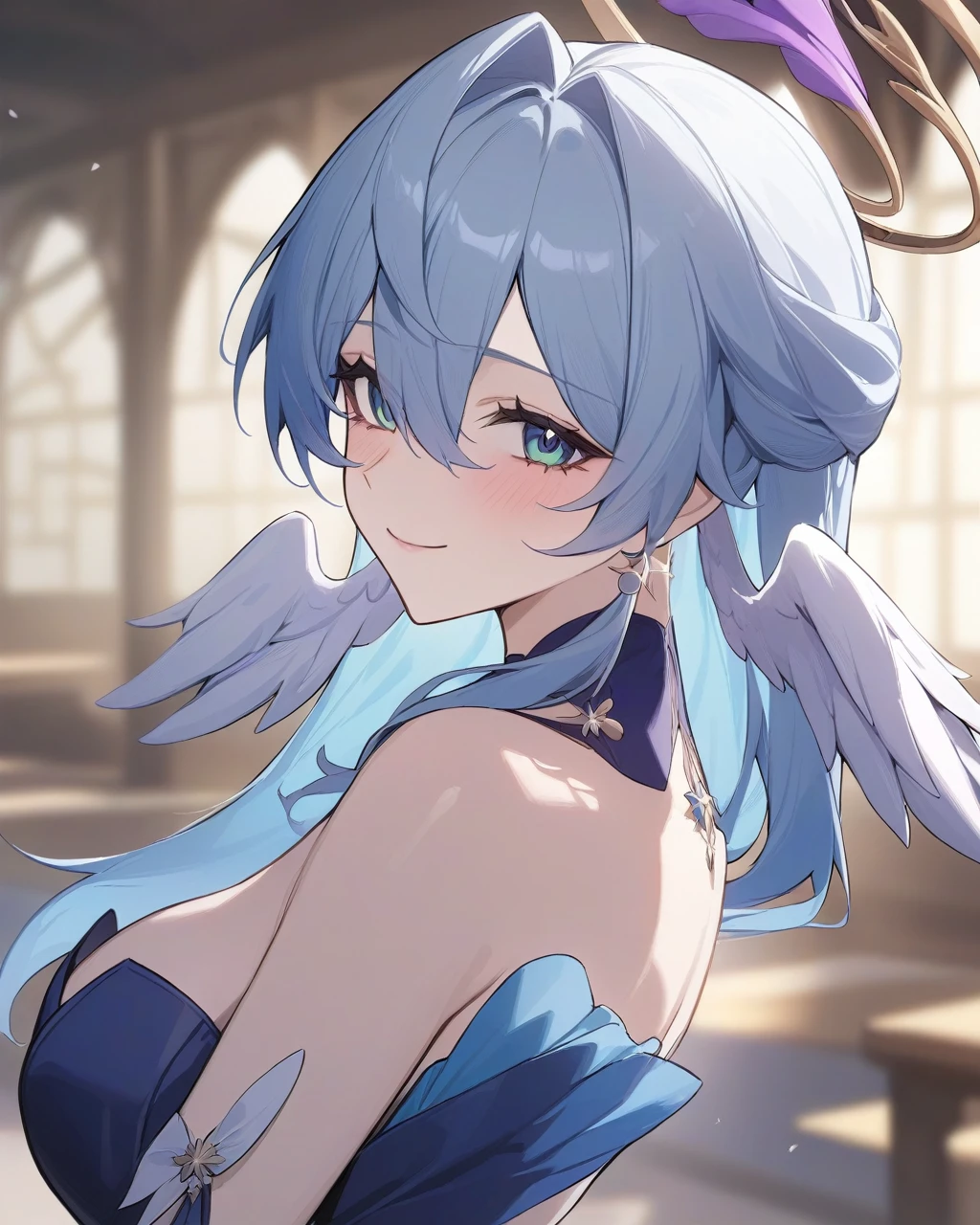 masterpiece,best quality,robin_(honkai:_star_rail), head_wings, angel, virtual_youtuber, 1girl, white_wings, looking_at_viewer, halo, wings, upper_body, solo, from_side, blurry_background, closed_mouth, dress, bare_shoulders, smile,얼굴이 빨개지는 , 한쪽 다리를 위로,다리 잡고