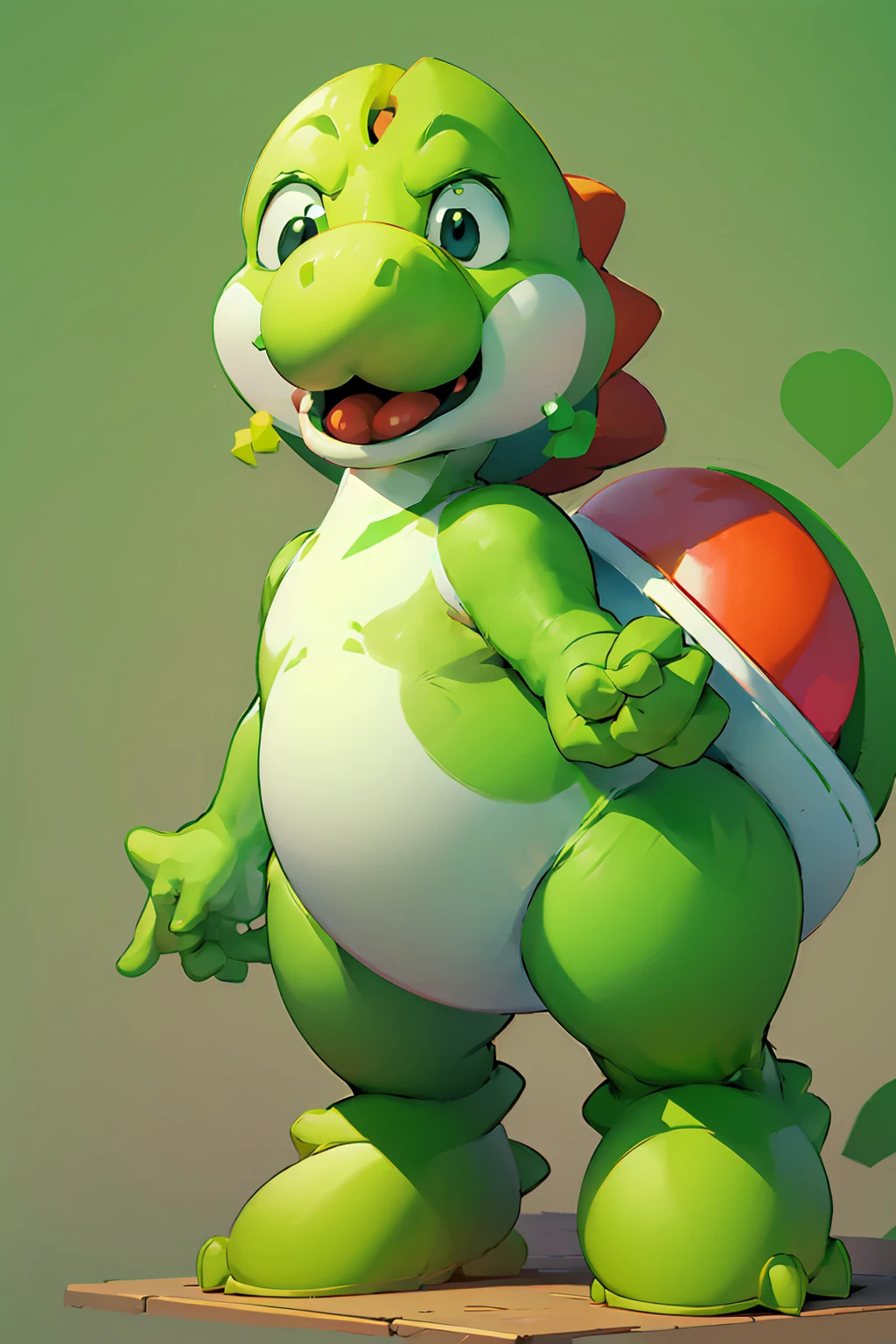 A green dinosaur, a character from Mario Bros, is happy
