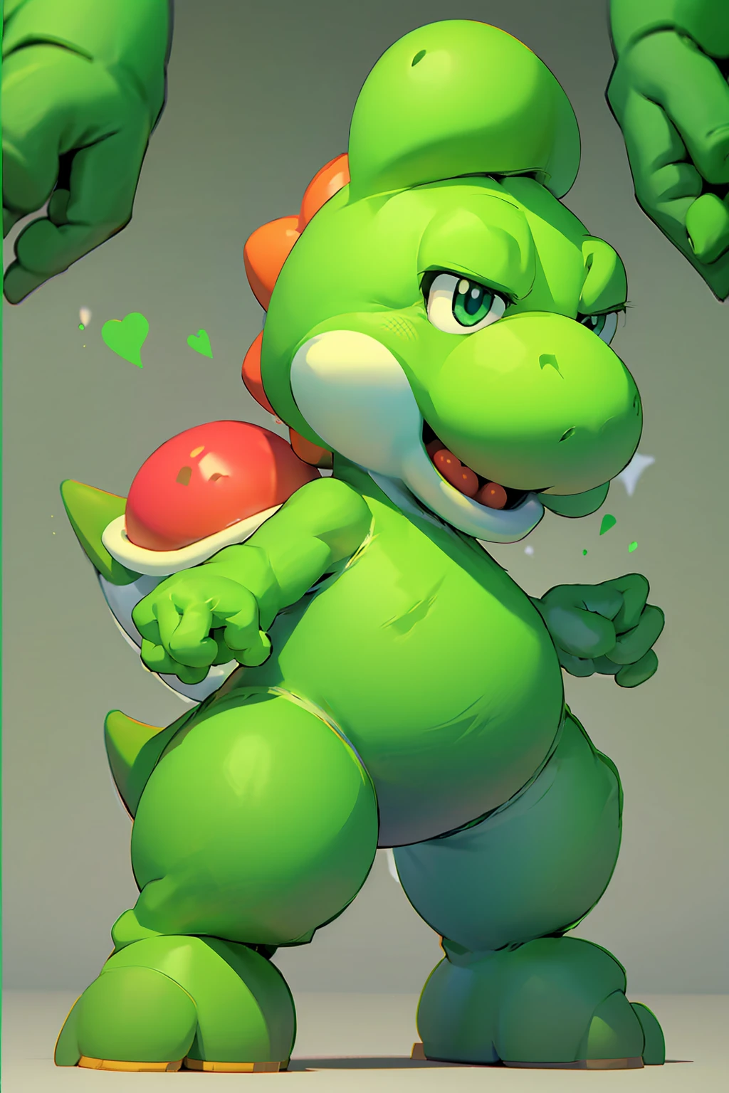 A green dinosaur, a character from Mario Bros, is happy
