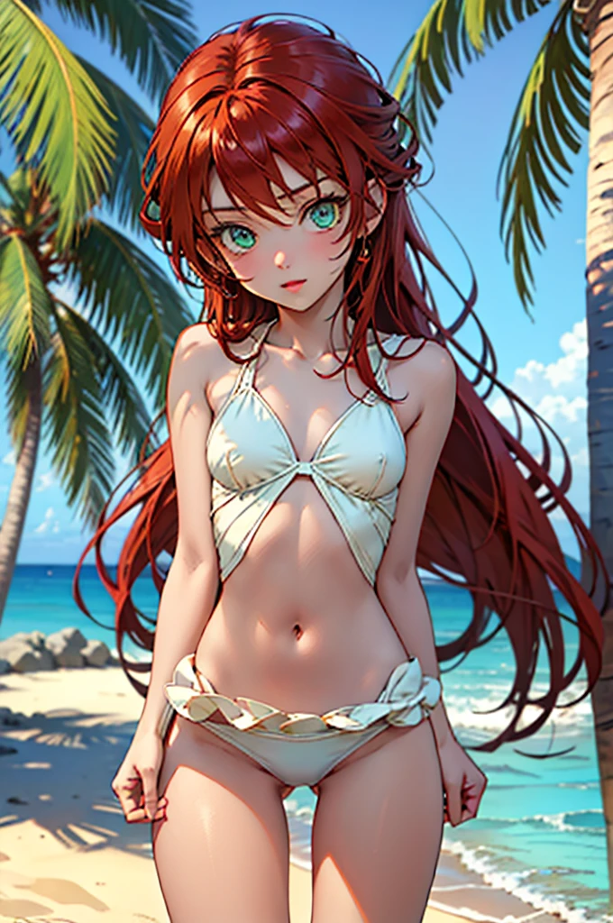 masterpiece, rich colors, Best quality, detailed, high resolution, Hyper quality, high detail, , high quality, detailing, skinny sexy girl on the beach , bright lighting , green eyes, Anime, palm trees, bright lighting, redhead,