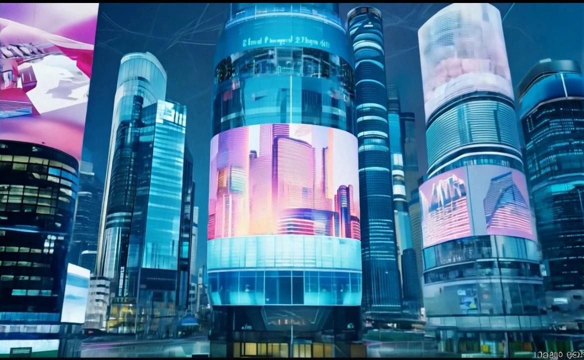 Future restaurant in 2075。Night view with flying cars and floating restaurants。The building has an organic shape、Colorful holographic advertisements scattered throughout。