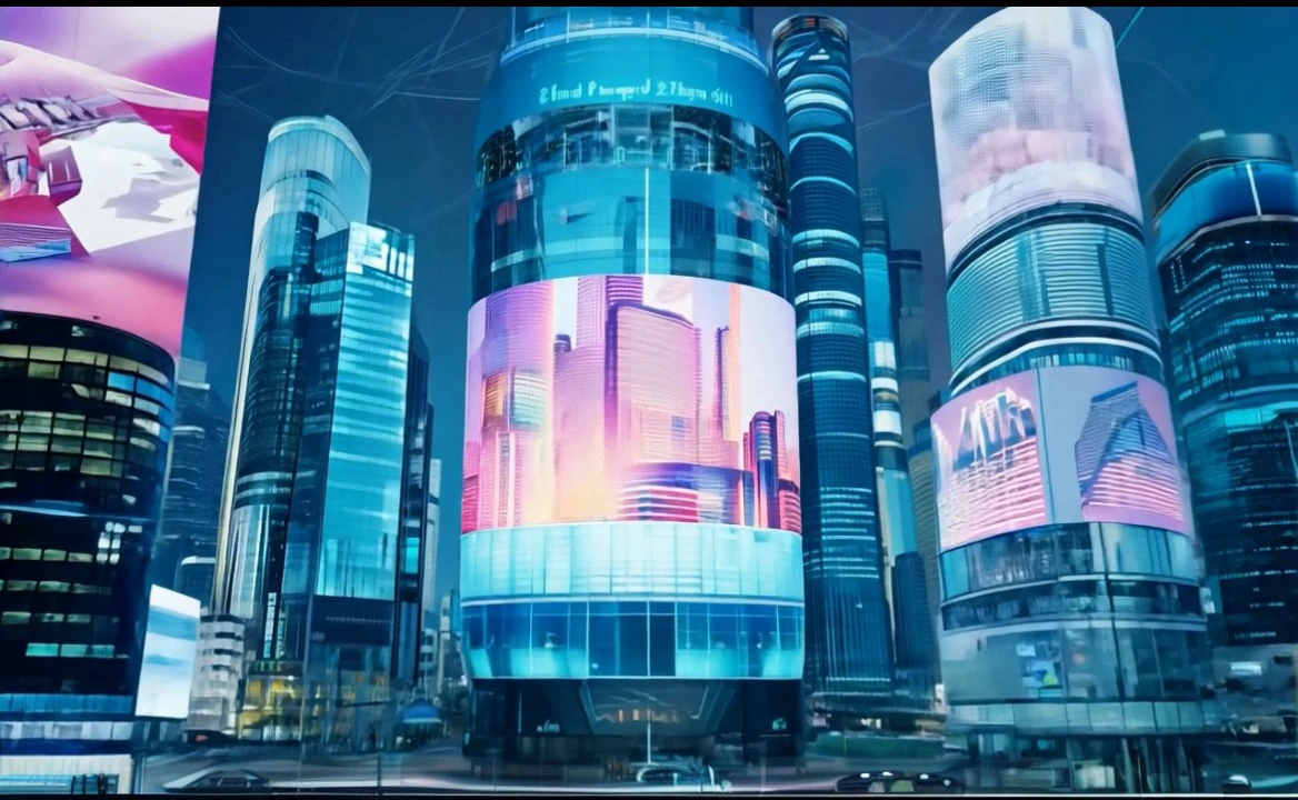 Future restaurant in 2075。Night view with flying cars and floating restaurants。The building has an organic shape、Colorful holographic advertisements scattered throughout。