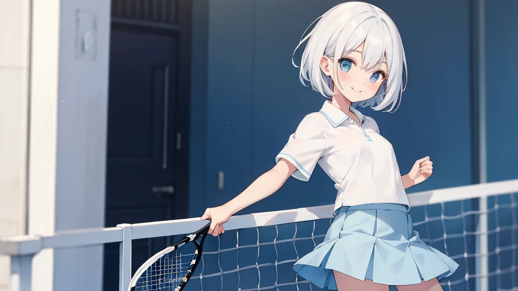 raised eyes,Light blue short hair,tennis skirt,white blouse,Profile photo pose,smiling face