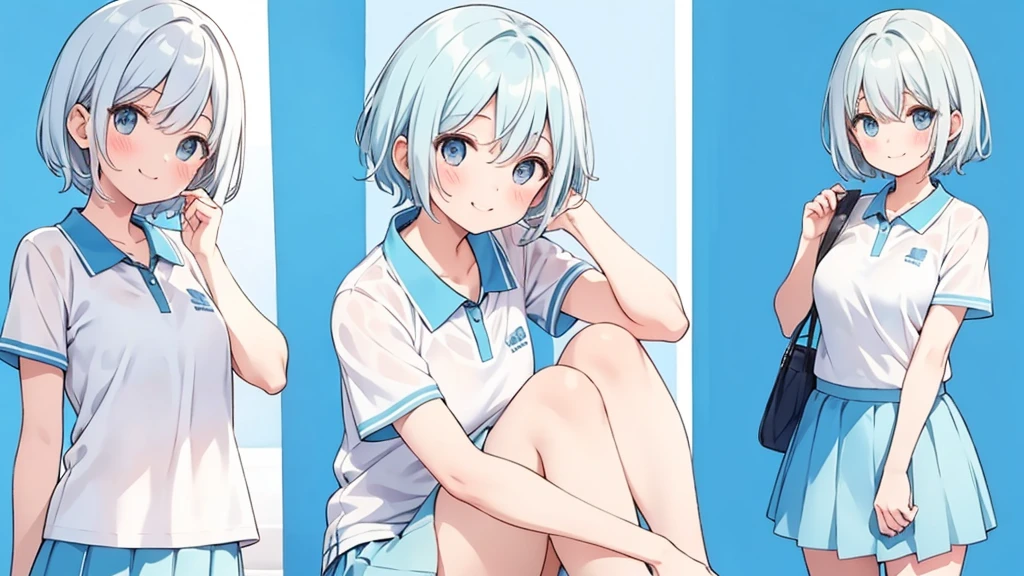 raised eyes,Light blue short hair,tennis skirt,white blouse,Profile photo pose,smiling face