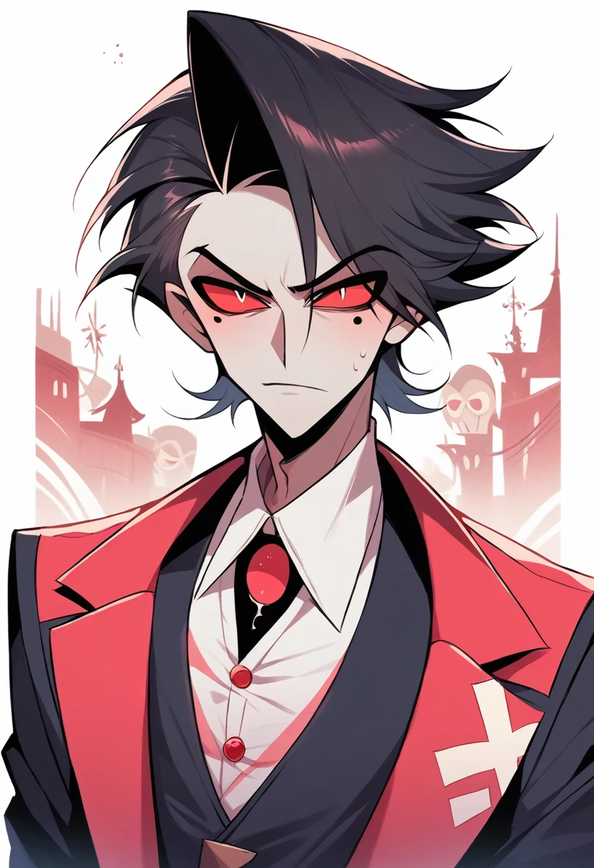 (masterpiece), best quality, expressive eyes, perfect face ,male focus, 1boy, solo, black  hair, tall, slacks, collars shirt, waistcoat, Mark of Cain, Ruby eyes,  stubble, furrowed brow, greying hair, Hazbin Hotel, Helluva Boss, Vivzipop style, Cain as a Sinner
