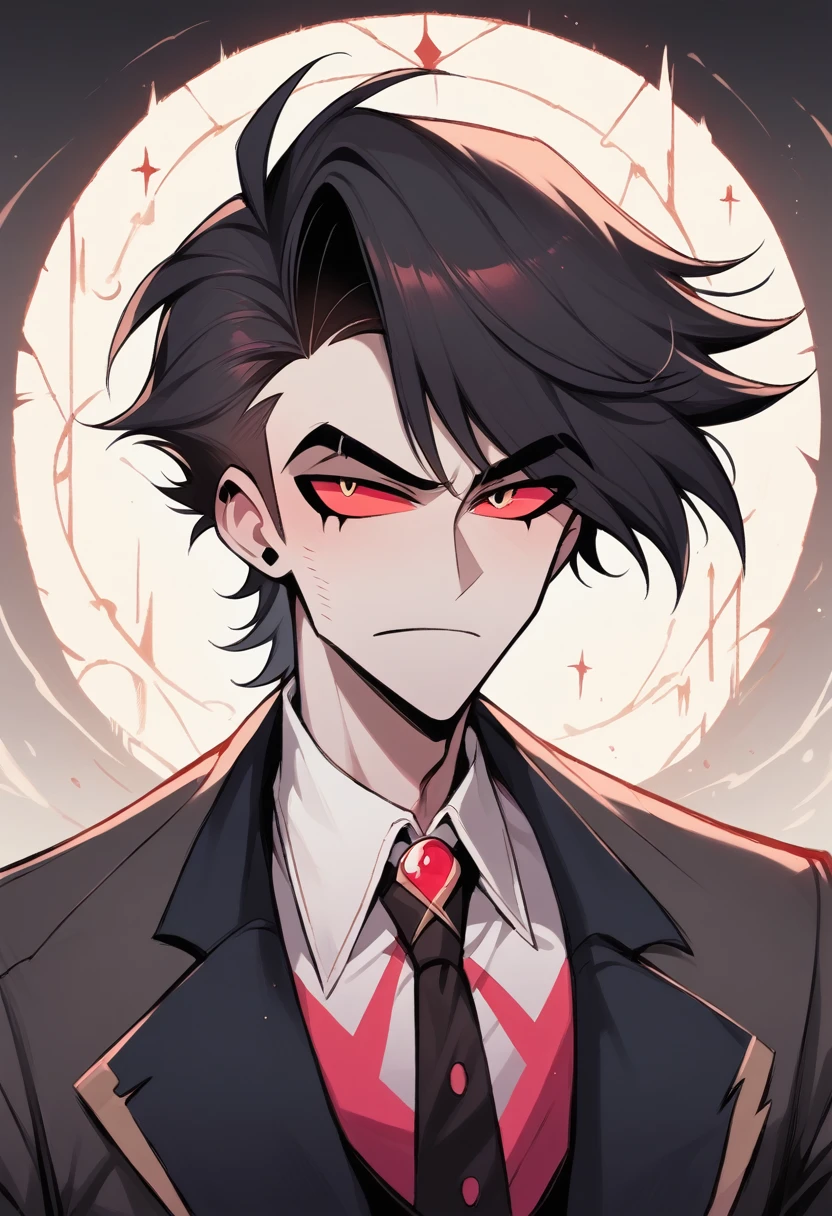 (masterpiece), best quality, expressive eyes, perfect face ,male focus, 1boy, solo, black hair, tall, slacks, collars shirt, waistcoat, Mark of Cain, Ruby eyes, stubble, furrowed brow, greying hair, Hazbin Hotel, Helluva Boss, Vivzipop style, Cain as a Sinner