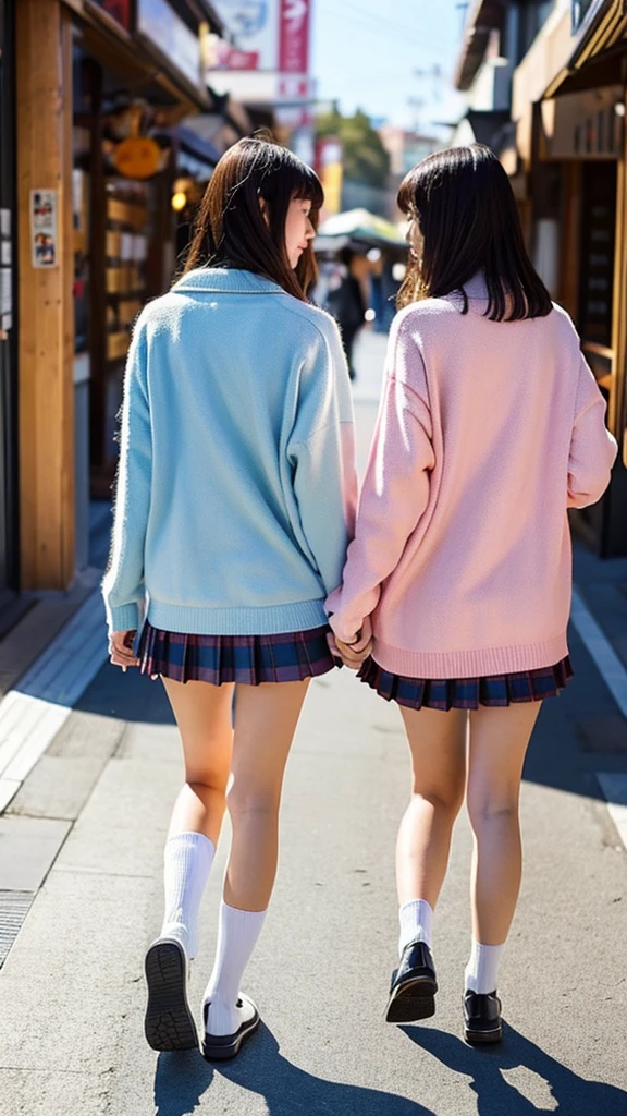 A Snapchat photo of two Japanese schoolgirls wearing cardigan , showing off their legs in the style of cute anime girls, taken from behind them as they walked past each other at an outdoor shopping mall. 