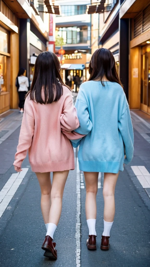 A Snapchat photo of two Japanese schoolgirls wearing cardigan , showing off their legs in the style of cute anime girls, taken from behind them as they walked past each other at an outdoor shopping mall.