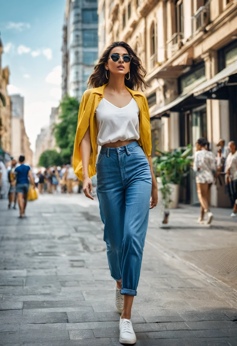 full length ،"A young woman with a casual summer street style is walking down a busy street. She is wearing a chic outfit complemented . The background includest  and modern buildings, showcasing the energy and charm of the city."