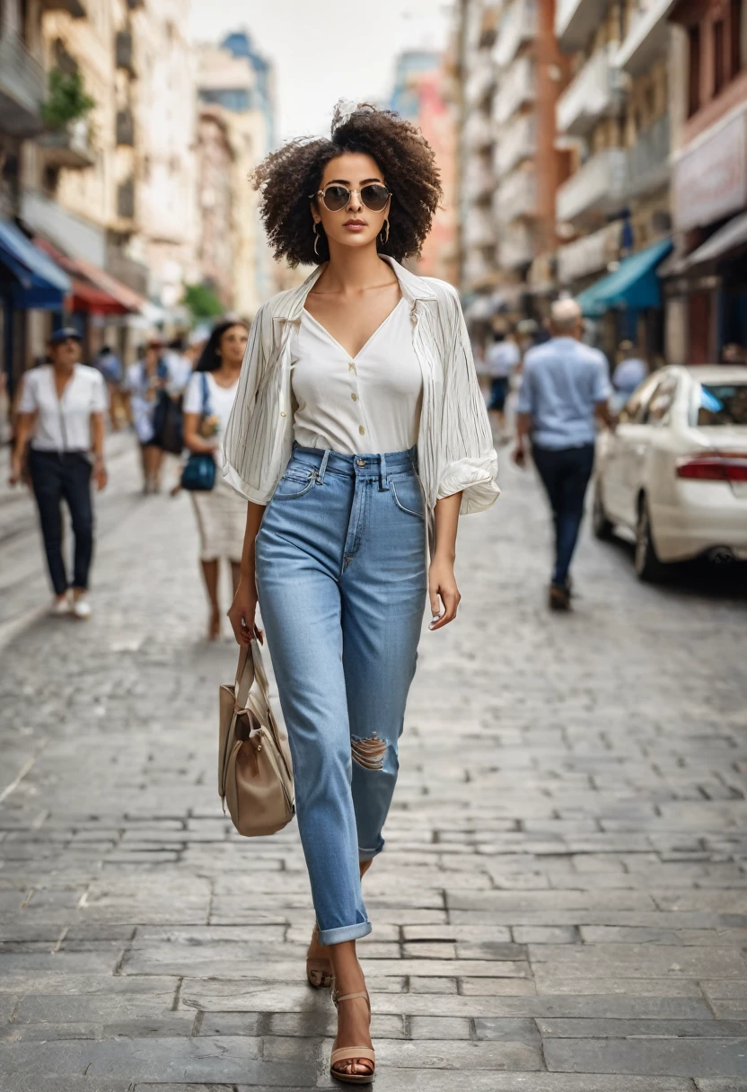 full length ،"A young woman with a casual summer street style is walking down a busy street. She is wearing a chic outfit complemented . The background includest  and modern buildings, showcasing the energy and charm of the city."