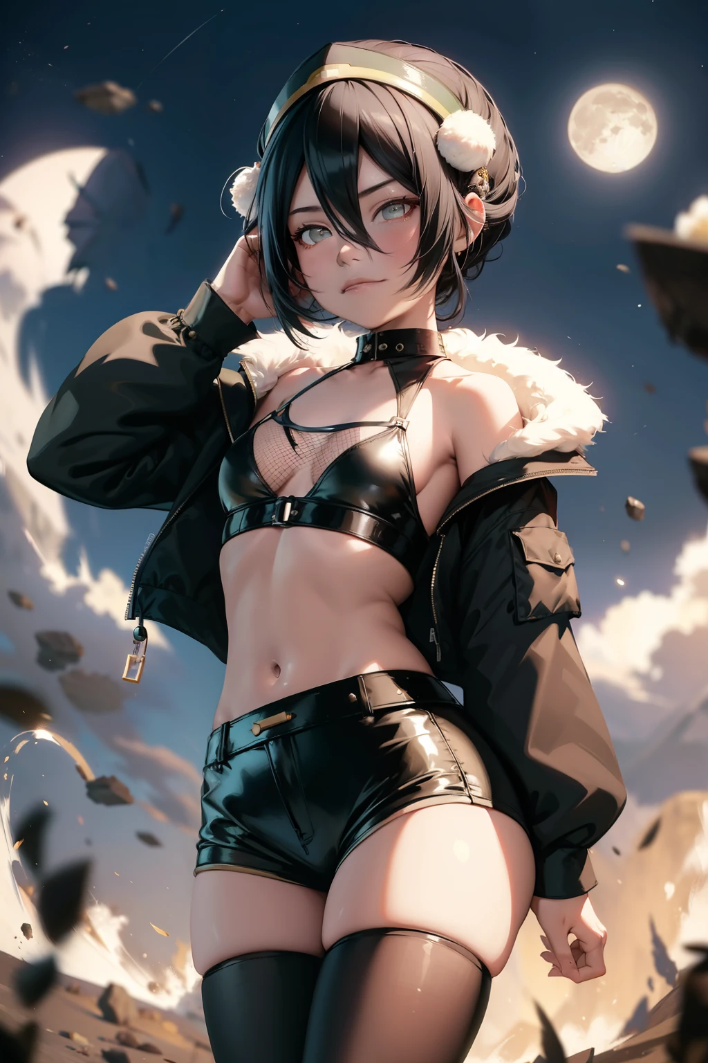 Toph beifong , 1girl , anime , masterpiece  , Black color hair, jaqueta aberta open clothes ,flat  chest  , bra,  shorts , fishnet thighhighs ,  smug face , blush , moon background.  