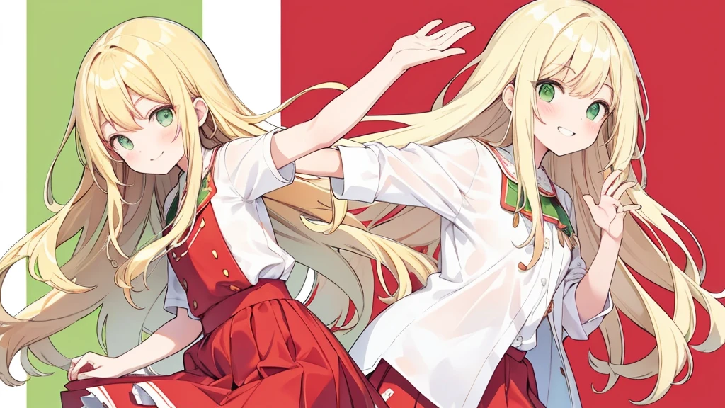 smiling face,Long hair with blonde waves,green eyes, Red skirt,white blouse,Profile photo pose