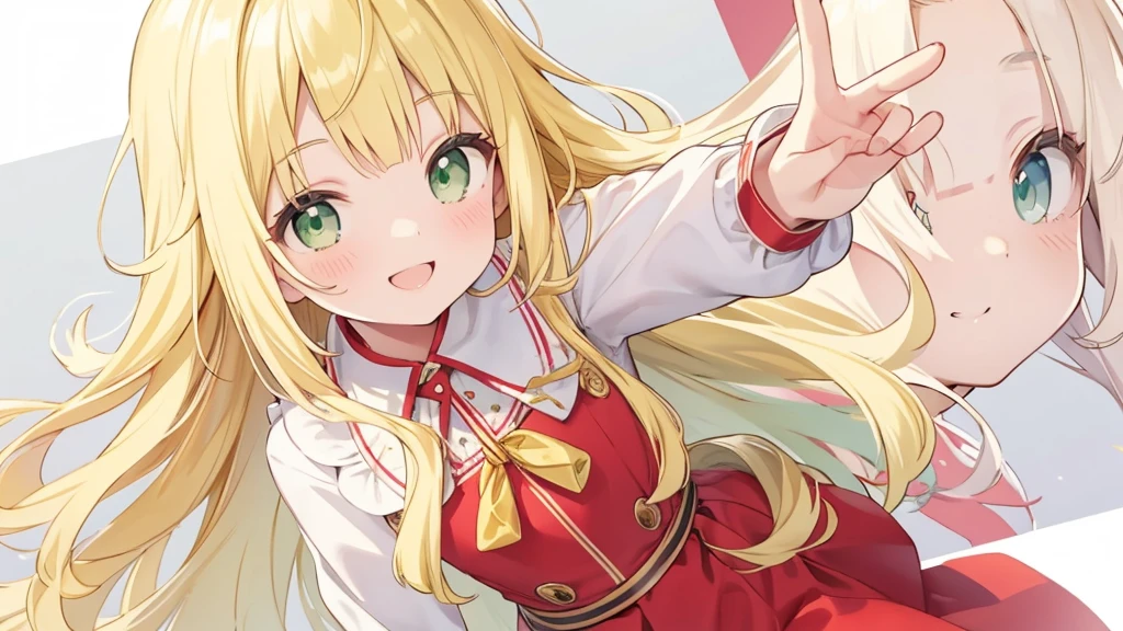smiling face,Long hair with blonde waves,green eyes, Red skirt,white blouse,Profile photo pose