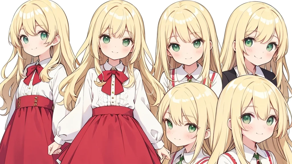 smiling face,Long hair with blonde waves,green eyes, Red skirt,white blouse,Profile photo pose