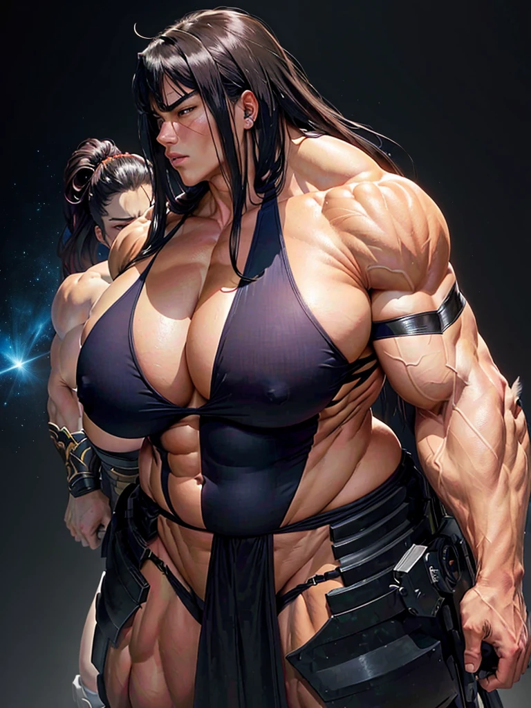 anime character with huge breasts and a man standing next to him, powerful and huge, Very beauthful. big muscles, big muscles, muscular!!, big muscles, huge muscles, exaggeratedly large physique, muscular girl, huge muscles, bursting with muscles, muscular!! Sci-fi, muscular characters, strong and imposing, exaggerated physique, incredibly strong and tall, muscular!