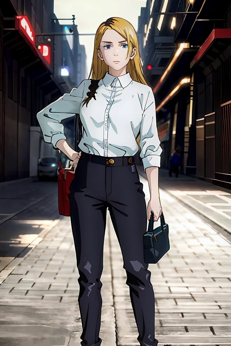 A high resolution, ultra detailed, HDR, masterpiece, very detailed face and eyes, confident expression, young woman, business style, trousers, blouse, long wheat hair, 18 years, Squint, adult face, creative hairstyle, beautiful makeup with arrows, anime style tokyo avengers