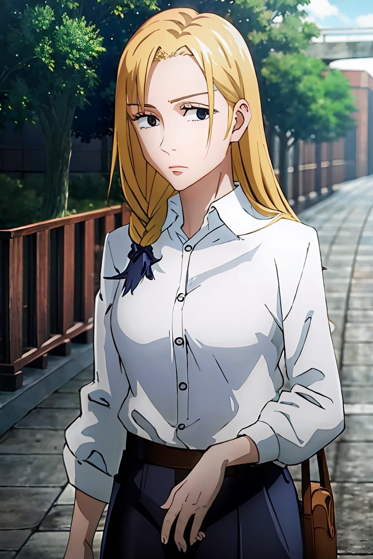 A high resolution, ultra detailed, HDR, masterpiece, very detailed face and eyes, confident expression, young woman, business style, trousers, blouse, long wheat hair, 18 years, Squint, adult face, creative hairstyle, beautiful makeup with arrows, anime style tokyo avengers