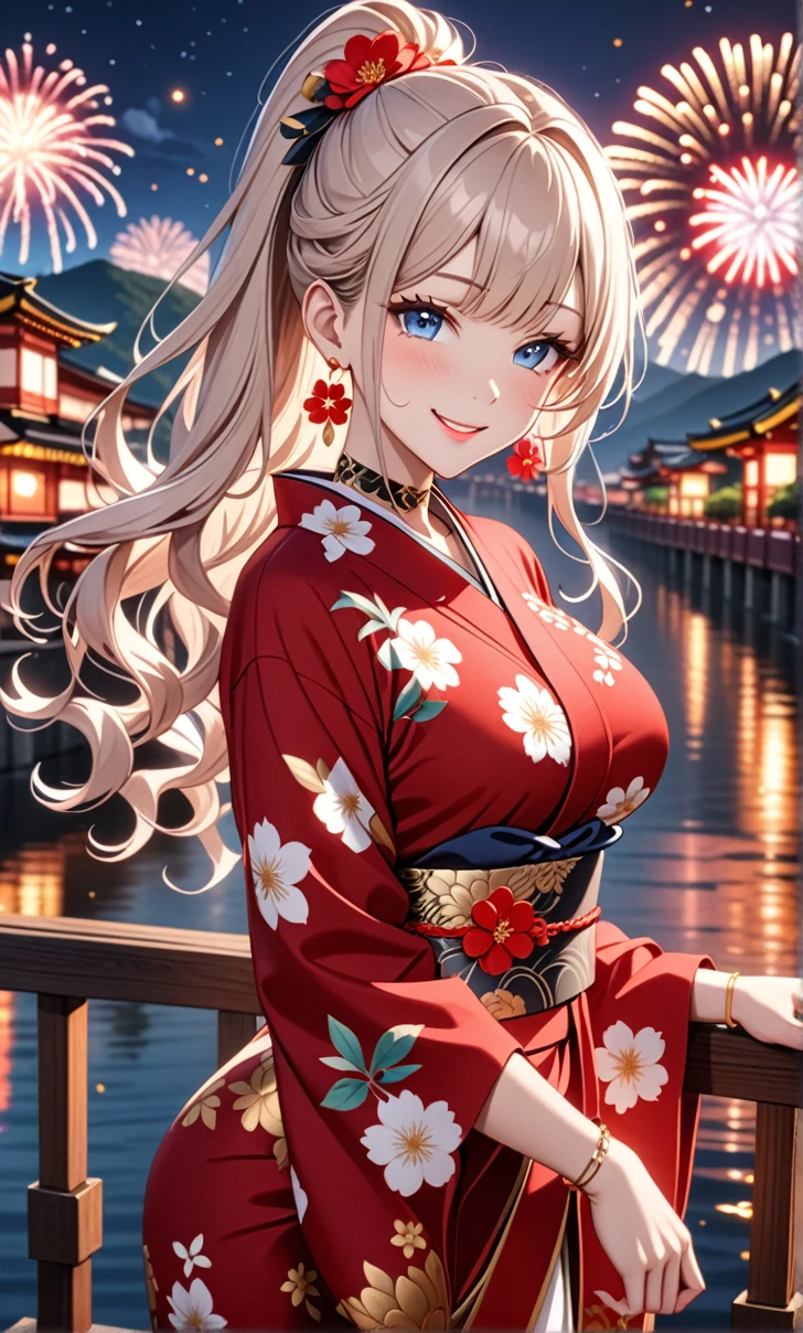 ultra-detailed, ((one girl)), (a girl with white hair wearing a black kimono),  hyper detailed, absurdres, 8K, Beautiful Face, (Laugh shyly), ((teasing smile:1.8)), ((Wink:1.8)), (Laugh with your mouth wide open),(Tilt your head:1.3), View your viewers, ((Bright red cheeks:1.6)),Glossy Red Lips, ((Big Breasts:1.5)), (valley),night, Riverside,On Bridge, firework, (Brighten your face), ((Anime style background)),masterpiece, Highest quality, so beautiful,Latest, Complex details, (Pink long nails), (nail art), (ring),(bracelet), (Floral Choker),AI-generated, Complex,High resolution, Highest quality, super high quality,3D Images、3D Images,One person,White long hair,(High Ponytail), (wavy hair:1.3), Fair-skinned anime woman posing for a photo, ((Fine grain、blue eyes、glowing eyes:1.4)), (Squint your eyes:1.1),a hyperRealistic , hyperRealistic , Realistic, Anime woman with long white hair, Smooth anime CG art, A girl in a gorgeous kimono with gold embroidery, ((black furisode:1.5)),(Red floral pattern) ,Long flower hair ornament,Floral Earrings,Mature Body, tall,Abdominal muscles,Narrow waist,((arched back:1.9)), (front view),