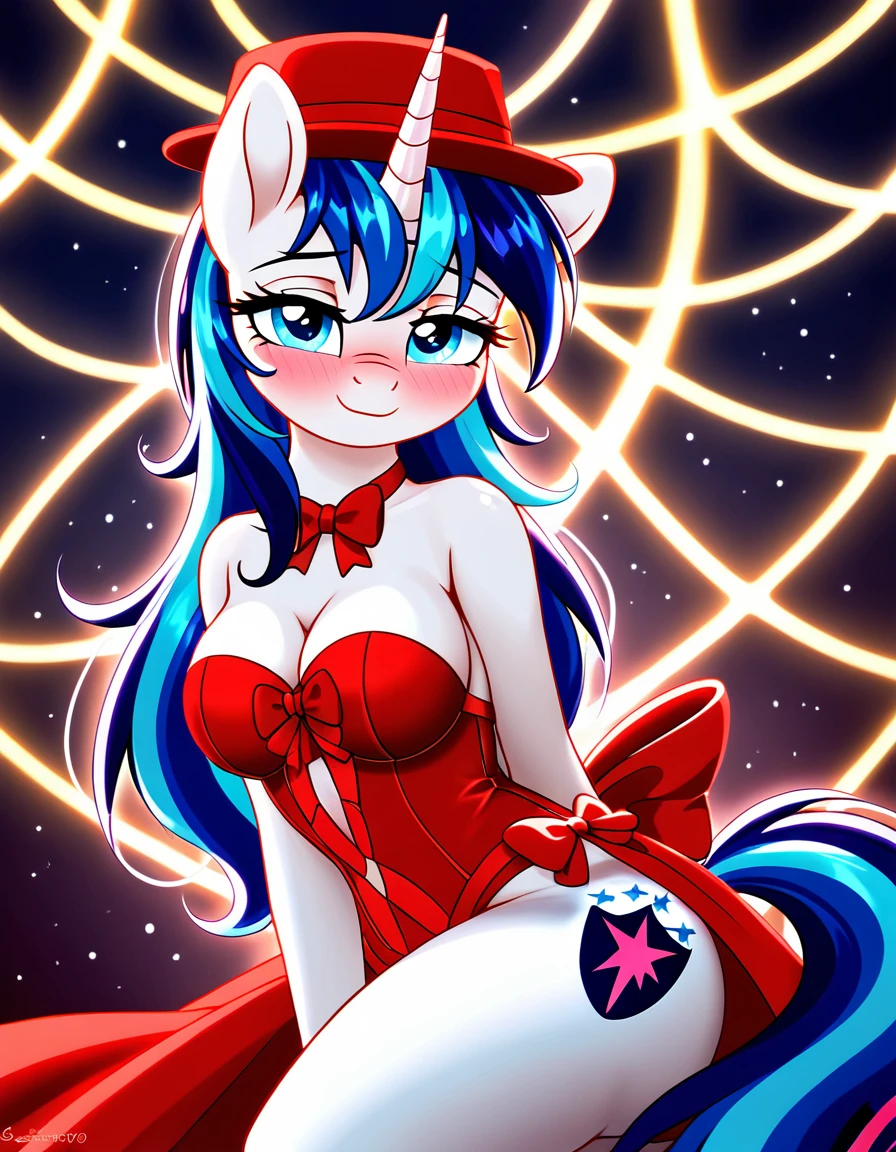 (((my little pony))), solo, ((red hat girl costume with bows)), beautiful pony body, ((seductive perky big butt)), behind view, (((shining armor))), ((4 legs)), radiant lighting, vibrant colors, whimsical atmosphere, 8K, high resolution, highly detailed, masterpiece, (glossy oiled body), ((shy face)), ((pony breasts)), (((erotic journal centrefold)))