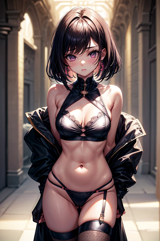 (crisscross bikini crop top, thong, thigh high pantihose ),gorgeous, masterpiece, best quality, high-resolution, finely detailed, extremely detailed and beautiful, distinct-image, 1 girl, , solo, sharp facial features, oval shaped face. cherry pink lips, lightly tanned white skin. velvet-colored eyes, C-cup breasts, tall height(175cm), slim yet chiseled body type, short shoulder length dark violet-black hair, small narrow waist, long and slender legs, curvy wide hips, elegant Gothic training courtyard setting