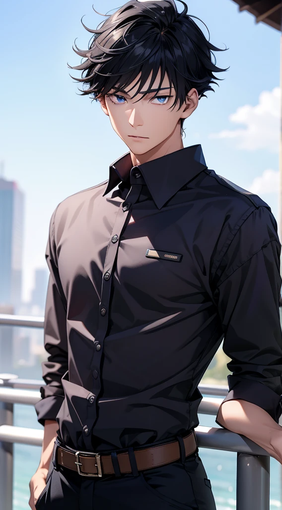 (masterpiece, best quality:1.2), (hyperdetailed face), (Super well-formed face), close up, face focus, solo, male focus, 1boy, megumi fushiguro, 15-years-old, black hair, dark blue eyes, beautiful pupils, beautiful detailed eyes, black shirt, long sleeves, black pants, looking at viewer, beautiful blue sky, summer sky