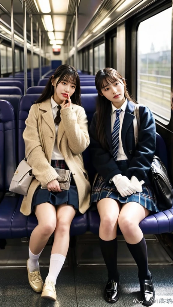 Photo of two adult Japanese high school students wearing leather shoes, duffle coats and shiny black leather gloves.,Inside the train,Voyeur,Thick makeup face,Highly detailed face, Both of them have beautiful legs crossed..Smelly socks, My socks are steamy and smoking,Ultra mini skirt,lol,School Bags,This photo was taken in daylight with soft lighting...、The girls are sitting on train seats.。. This photo was taken by someone on their cell phone...、Apparently it was posted on Snapchat..。.