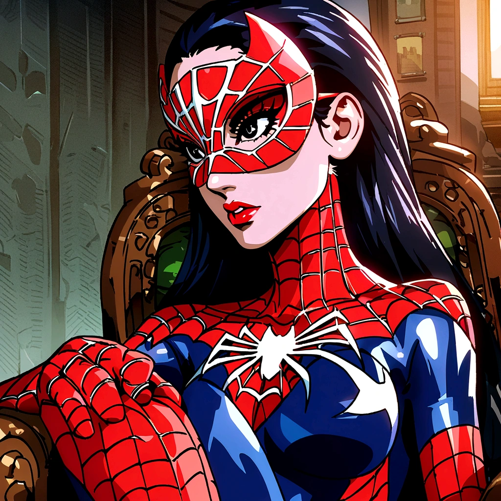 spider man woman((with mask)) sitting in a chair, fantastic picture, close up, movie scene, 8K, todd mcfarlane