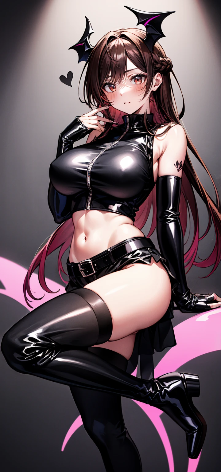 aachizuru, long hair,((Highest quality,,T-And Star Piece:1.3)),Sharp focus:1.2,Pretty woman with perfect figure:1.4,,(Incredibly huge breasts:1.4),(Huge hips),smile,Thin abdominal muscles:1.2,((Beige Hair,.4)),,Highly detailed face and skin texture,Fine grain,double eyelid、(Black Theme:1.3), (Gothic Punk:1.3), (studded leather jacket:1.1), (Latex leotard, Leotard Fusion Gothic Skirt, Frills, race:1.2), race-up boots, gloves, chain neckrace, choker, Chain Accessories, zettai ryouiki
、【prompt】
break (black and shocking pink theme:1.4), (Sexy succubus cosplay costume with genital tattoos:1.2), (sleeveless black latex high neck crop top with Heart-shaped cut keyhole:1.4), ((Bare shoulders, Bare arms, Bare thighs):1.3), (Black latex low rise micro shorts:1.3), (shocking pink grommet belt:1.3), (Tight latex black long sleeves:1.3), ((A combination of black high platform shoes and thigh-high boots) with heels:1.2), (shocking pink devil horns has bioluminescence glow LED-light on temporal region:1.3), (Large bat wings for cosplay:1.4), (Black wings:1), (shocking pink (Heart-shaped, Heart symbol) Bioluminescent LED light on belly:1.4), (Black prisoner's bracelet:1.2),