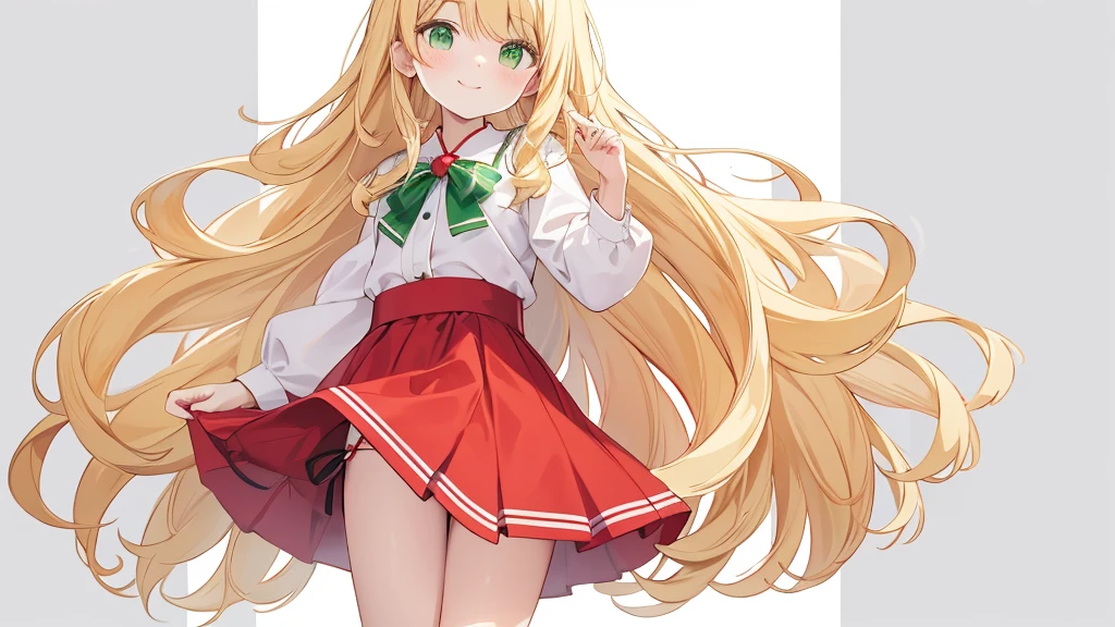 only one person,smiling face,Long hair with blonde waves,green eyes, Red skirt,white blouse,Profile photo pose