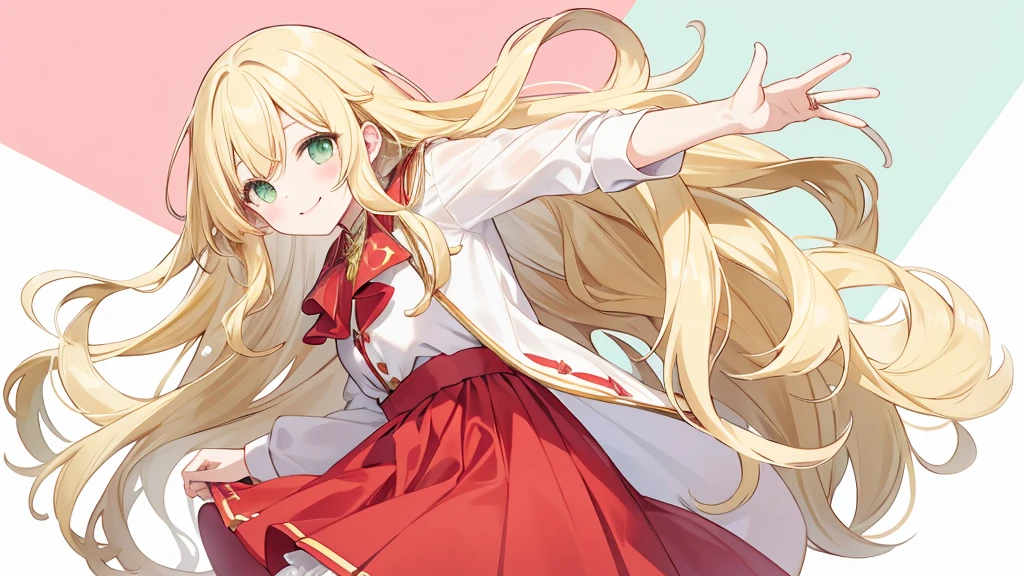 only one person,smiling face,Long hair with blonde waves,green eyes, Red skirt,white blouse,Profile photo pose