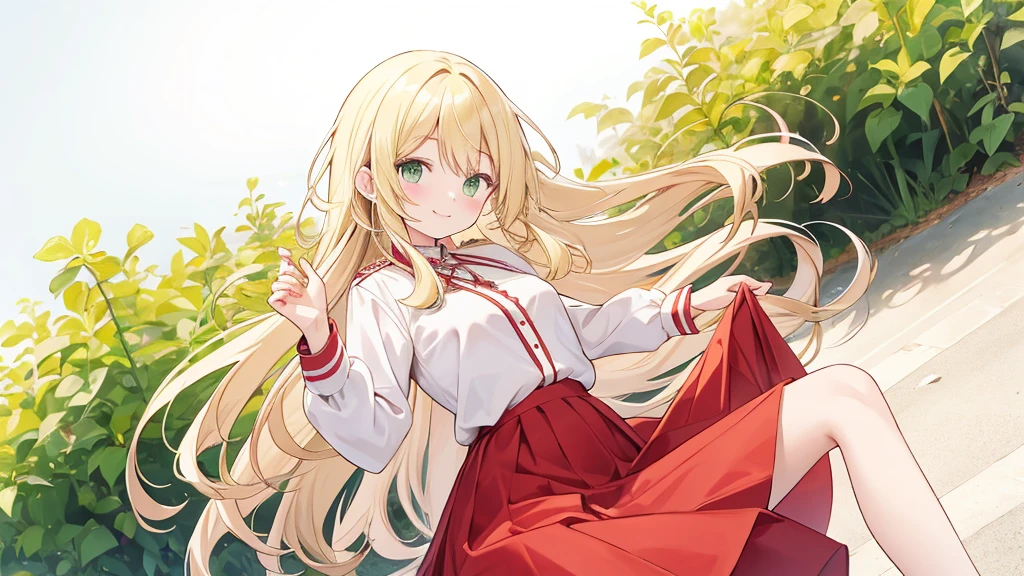 only one person,smiling face,Long hair with blonde waves,green eyes, Red skirt,white blouse,Profile photo pose