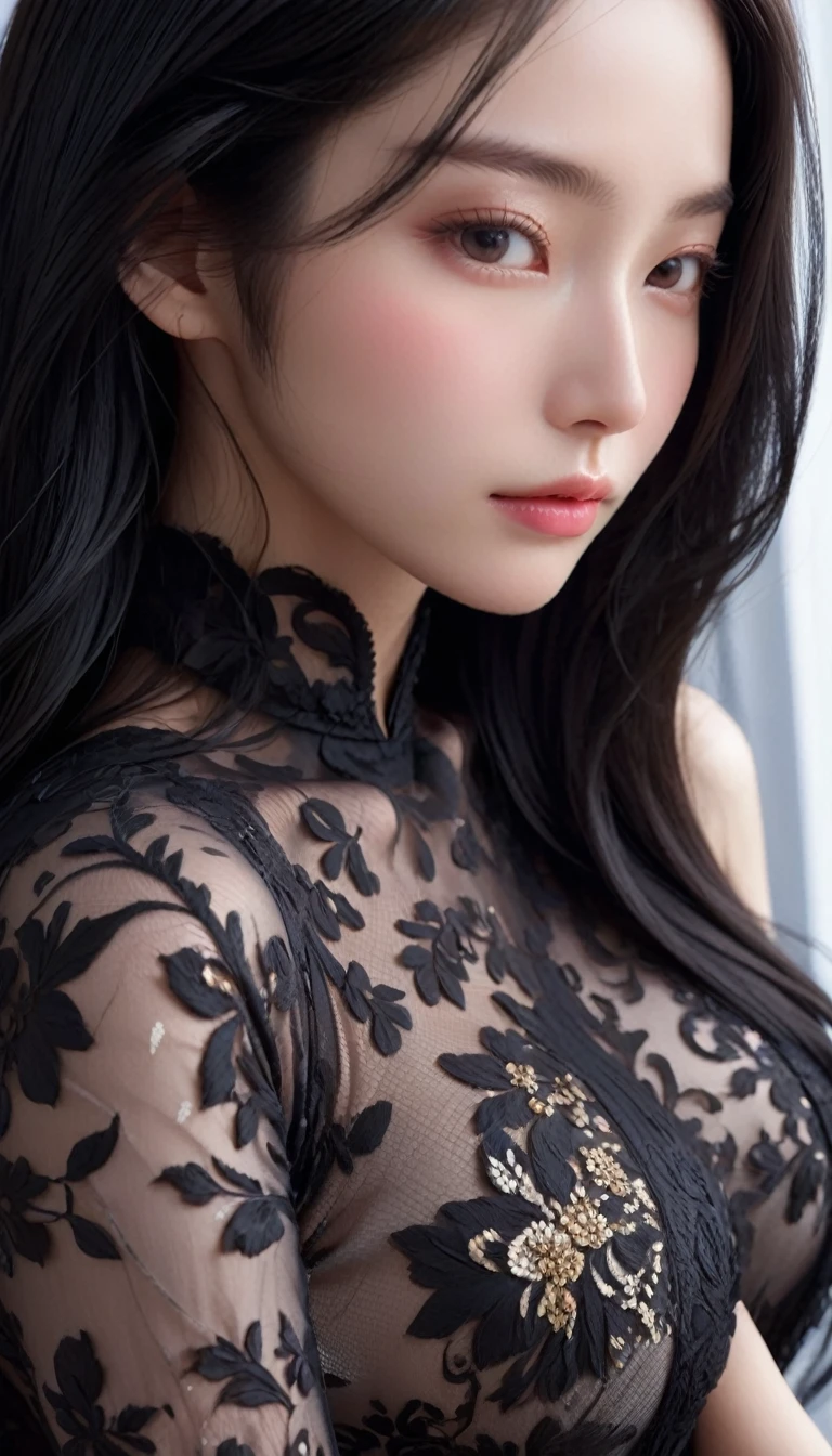 ((最大16K解像度のmasterpiece:1.6)),beautiful,Highest quality,Absolutely wonderful,Very detailed,Ultra-high resolution,masterpiece,Realistic,Realistic,Increased depth of field,Cinematic Light,
One elegant mature woman, Long black hair,beautiful顔,Very detailedな顔の表現,Face with a gentle expression,Transparent white skin,Very delicate skin texture,Great proportions,Anatomically correct body,
Elegant high slit dress,Gorgeous colors,Gorgeous and detailed pattern,Beautifully detailed pattern,Detailed cloth texture,
Black Background,
(Focus on the face:1.5),Face close up,