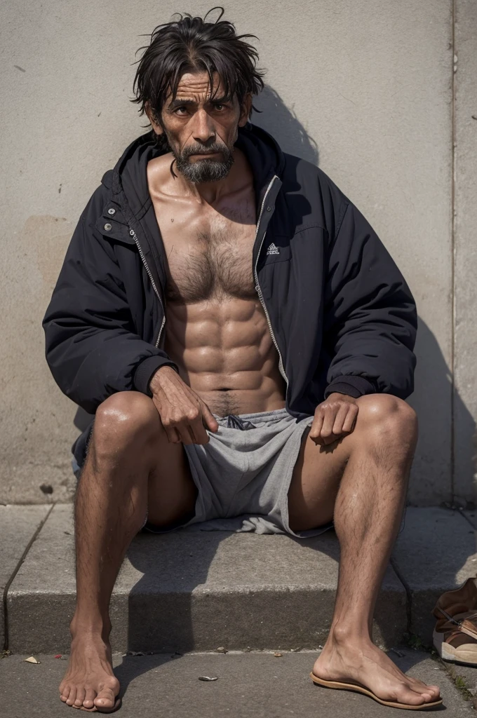 homeless man, hungry and cold, he is shirtless and in shorts with the appearance of someone who has not taken a shower for days, his skin is dark but not too dark, his appearance is that of someone who has no hope of better days, he is sitting on a sidewalk where no one else passes.