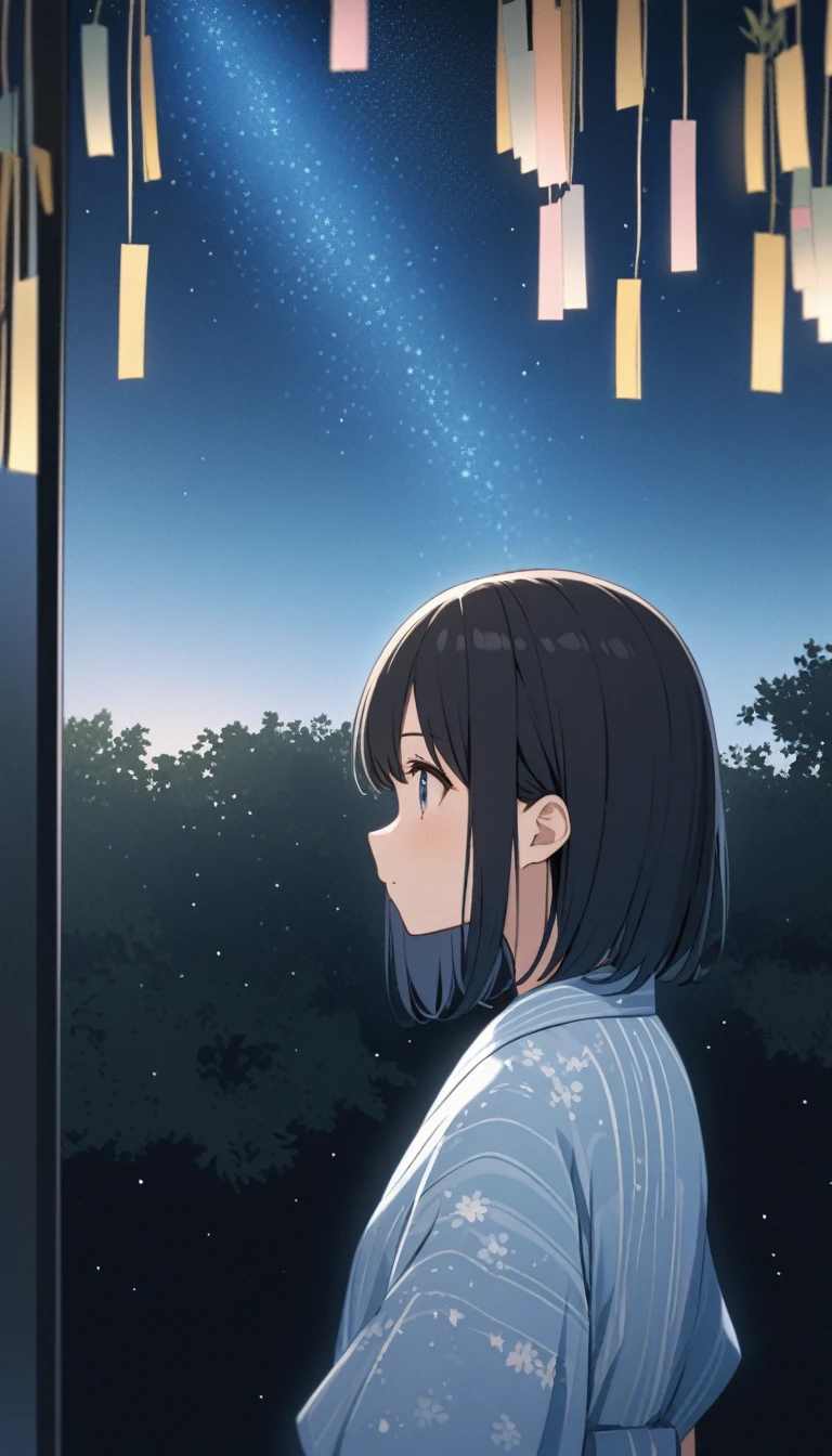 A black-haired girl pointing at the starry sky of Tanabata。She is wearing a light blue yukata with a summery blue and white pattern.、Distant starry sky。A girl in the distance。