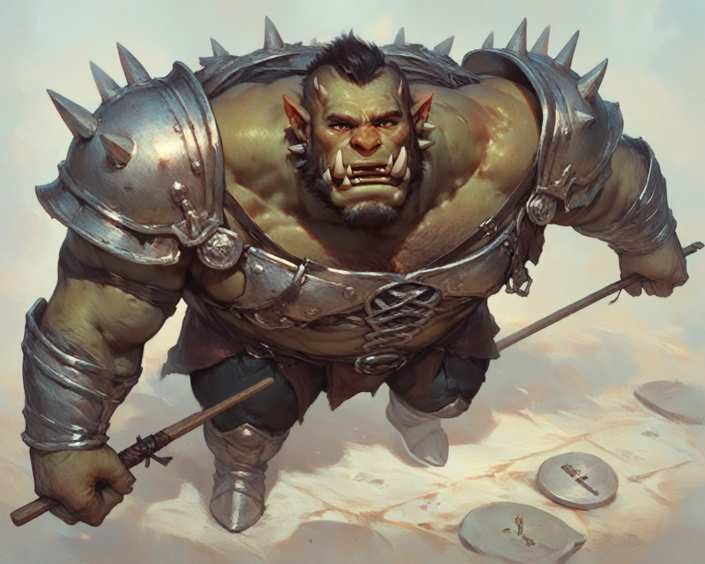 punctuation_9, punctuation_8_High above, punctuation_7_High above, standing alone, male focus, mature man, orc, greenskin, fangs, Barba, plein-air, armors, gazing at viewer, shoulder armors, breastplate, High aboveper body, cloused mouth, walking sticks, natta, natta sky, standing
