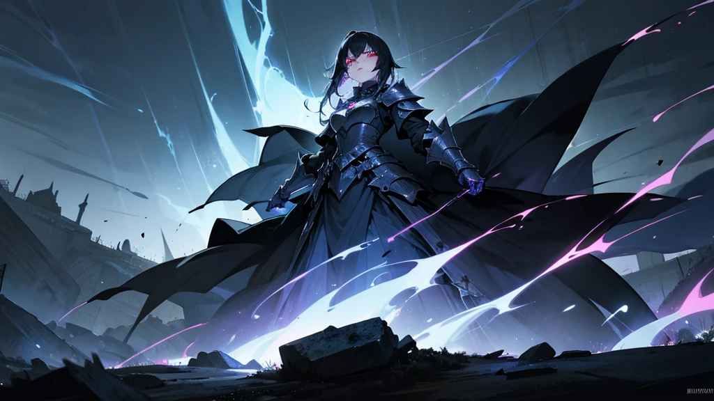woman, A warrior in dark clothes, gothic armor, with glowing eyes and dark powers emanating from his hands. The background is a night scene with dark clouds and lightning.