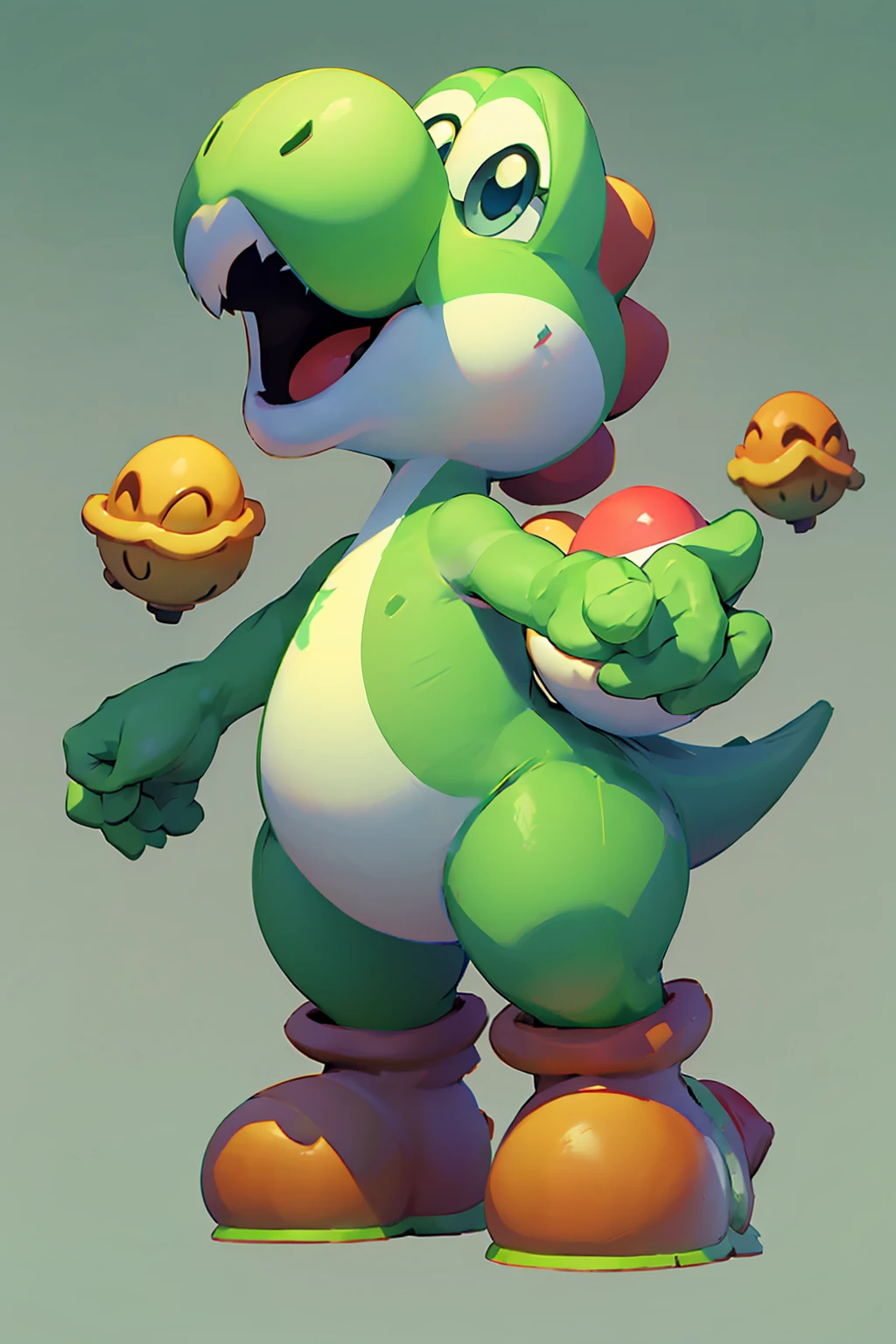 Green dinosaur, with boots, big nose, big eyes, a shell on the back and long tail, character from Mario Bros, Nintendo, is happy, looking at the viewer,
