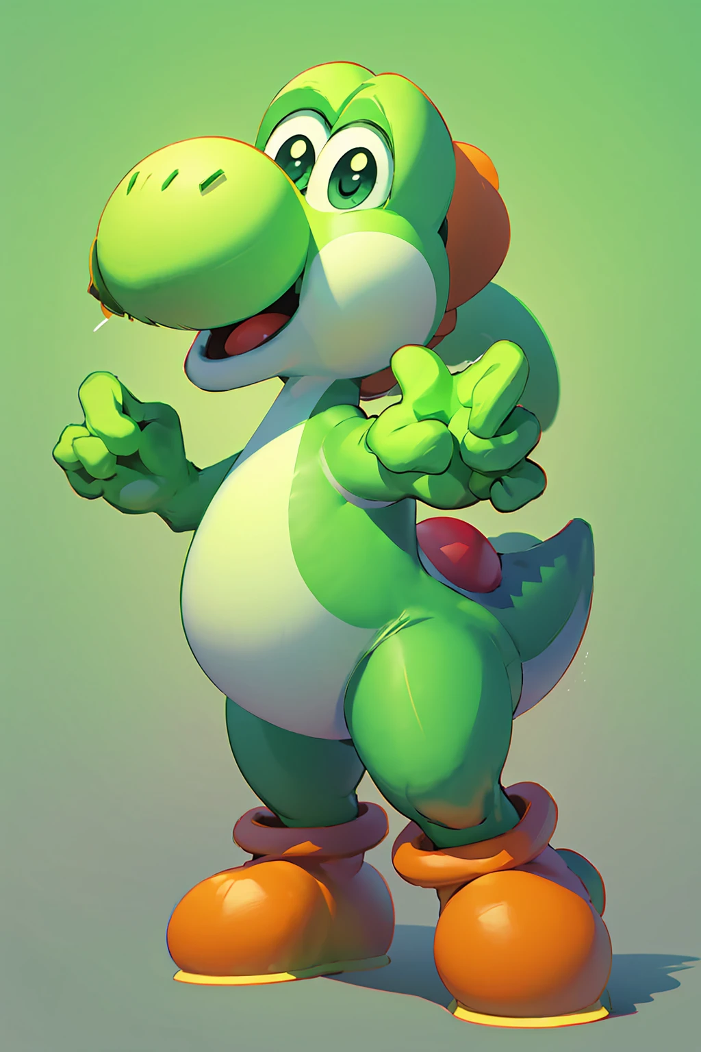 Green dinosaur, with boots, big nose, big eyes, a shell on the back and long tail, character from Mario Bros, Nintendo, is happy, looking at the viewer,
