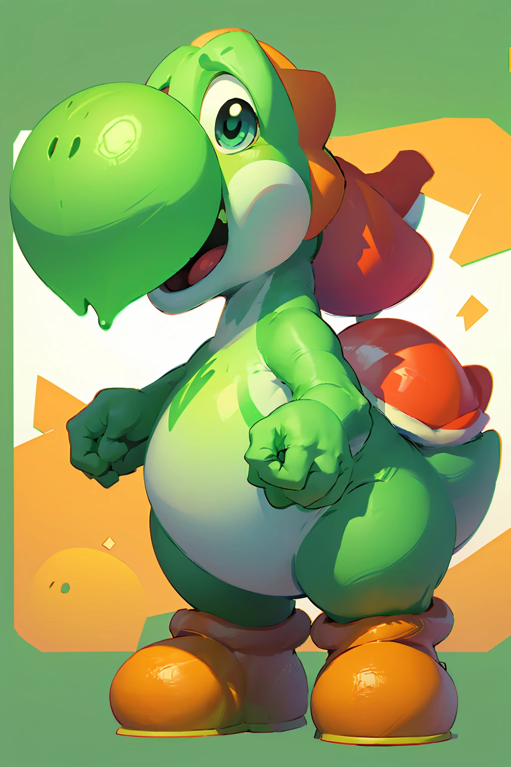 Green dinosaur, with boots, big nose, big eyes, a shell on the back and long tail, character from Mario Bros, Nintendo, is happy, looking at the viewer,
