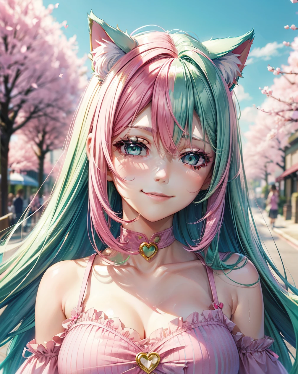 ((Pink and green hair color)), pink eyes, woman, teal blue gold clothes,happy face, sexy outfit, cat ears, hearts, floating hearts, face only, long hair, smiling, cherry blossom, hair ornament, up close face, sexy clothes, sexy women , closed mouth smile, up close face