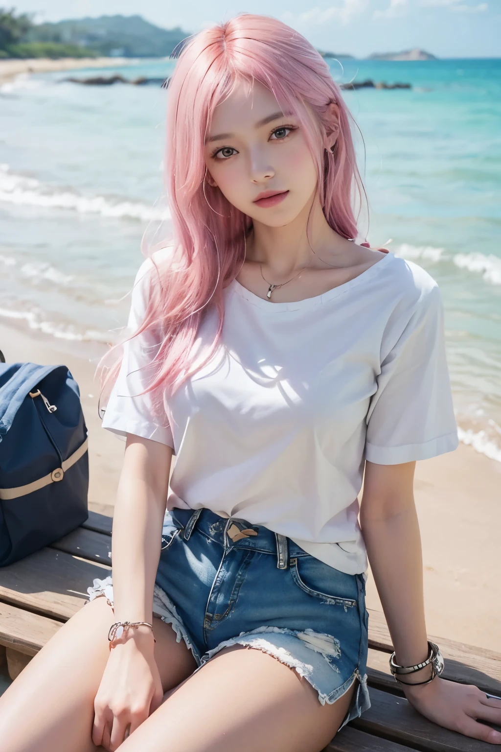 (8K, top-quality, masterpiece:1.2), (reallistic, Photorealsitic:1.37), Super Detail, One girl,), (Highly detailed), (beautifully detailed eyes), (of the highest quality), (super detailed ), (masterpiece), (Detailed face),20yr old, ,1 girl, ((pink hair,long hair)), medium breasts, clothed, Perfect Lighting, BREAK, (white gingham shirt:1.3), (white linen socks:0.8), (beige loafers:0.9), (casual summer style:1.5), (short sleeve shirt:1.2), (denim shorts:1.4), (indigo jeans:1.3), (rolled up cuffs and hems:1.1), (relaxed fit:1), (gold and silver accessories:0.8), BRAKE, (upperbody to thighs:1.1), (long pink hair:1.2), (soft smile:1), (face turned slightly right:1), (right hand touching hair:1), (left arm relaxed:1), (beach:1.3), (blue sea:1.2), (backlit:1.1), (highlight and shadow:1), (open composition:1)
