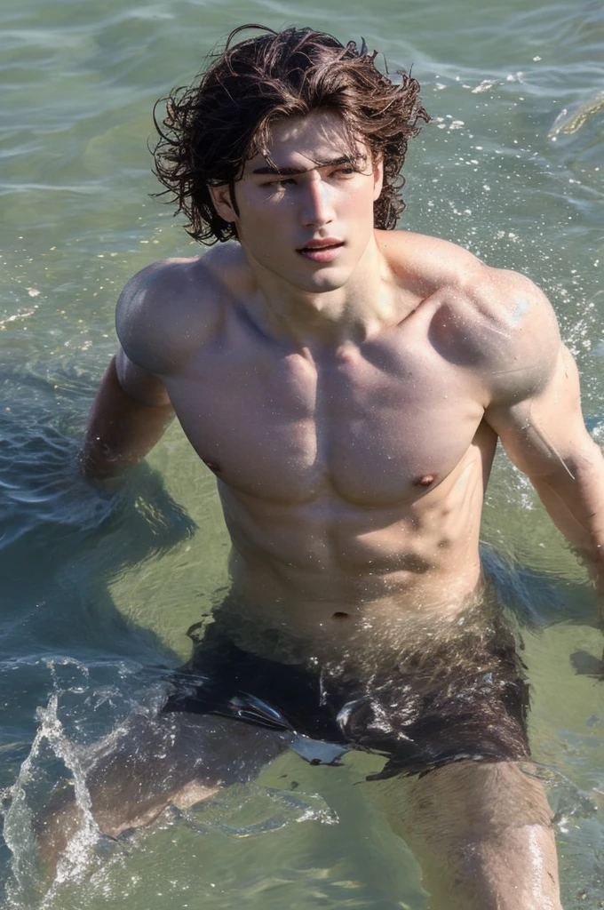 a muscular, shirtless man with wavy hair, partially submerged in quick sand