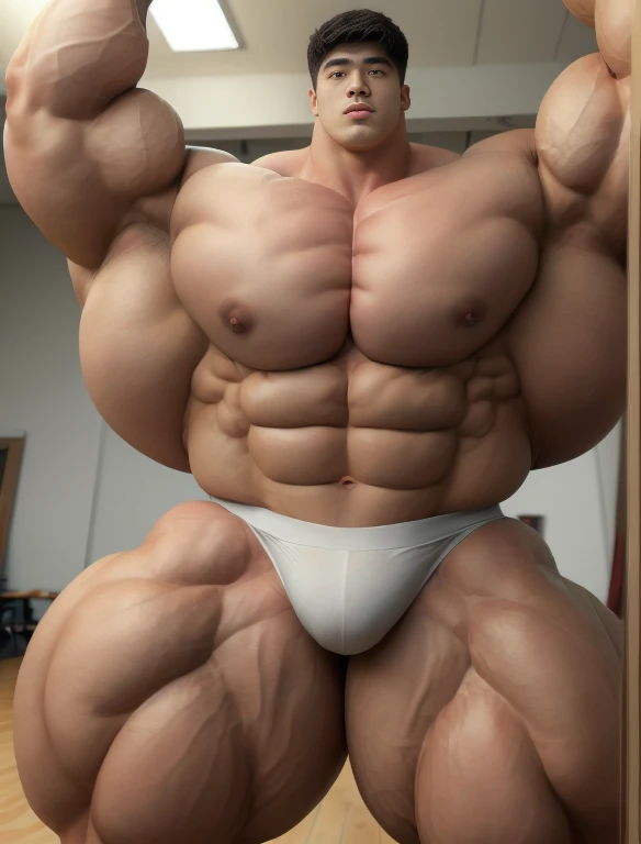 1 asian boy, giant, alone, giant bodybuilder, illuminating light, strong body, bulk, large size, staring, standing, armpit, in white photo studio, indoor, nude, white triangular underwear, thick bulge, extraordinary big, brutalmass, giant muscular body, bulk, buff, massive body, large meaty body size, extremely wide body