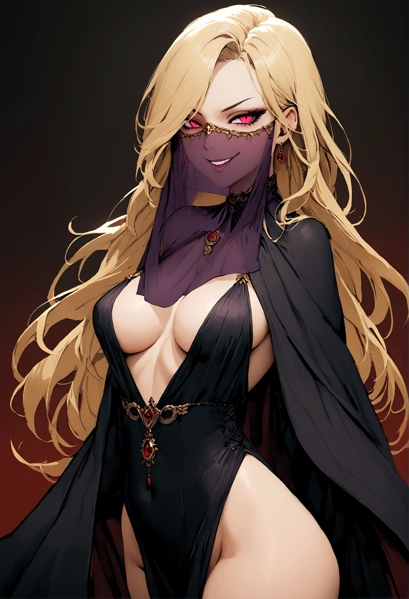 woman, cultist, long blond hair, mouth veil, perfect body, evil smile, cultist cloak, seductive,cowboy shot, cultist clothes